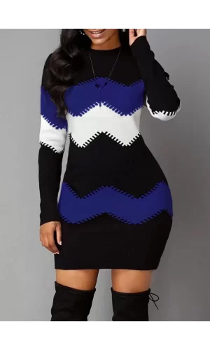 Kadın Uzun Kollu Zigzag Desen Triko Elbise