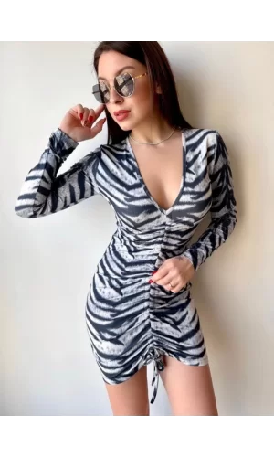 Kadın V Yaka önü Asansör Büzgü Detay Fırsat ürün Zebra Mini Elbise