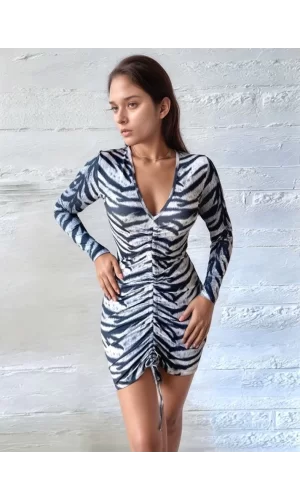 Kadın V Yaka önü Asansör Büzgü Detay Fırsat ürün Zebra Mini Elbise