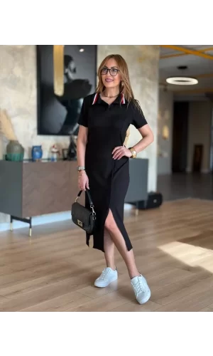 Kadın Yaka Ribanalı Çift Yırtmaçlı Elbise