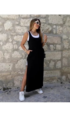 Kadın Yırtmaç Detaylı Viskon Kumaş Maxi Boy Cepli Iç Dahil Ikili Elbise