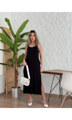 Kadın Yırtmaç Detaylı Viskon Kumaş Maxi Boy Cepli Iç Dahil Ikili Elbise