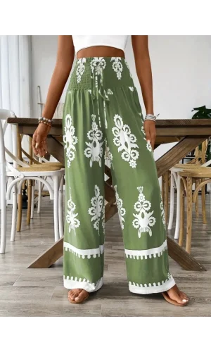 Kadın Yüksek Bel Büzgülü Etnik Desen Baskılı Süprem Pantolon
