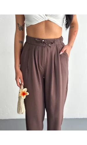 Luz&Pos Tencel Kadın Yüksel Bel Rahat Boru Paça Pantalon - Kahverengi