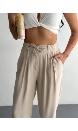 Luz&Pos Tencel Kadın Yüksel Bel Beli Bağcıklı Rahat Boru Paça Pantalon - Kırık Beyaz