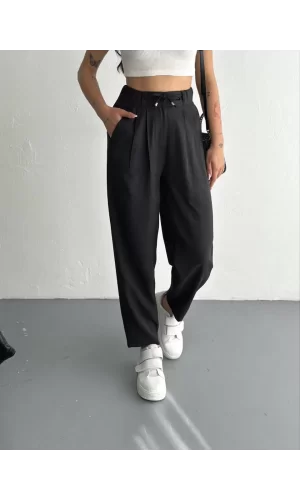 Luz&Pos Tencel Kadın Yüksel Bel Beli Bağcıklı Rahat Cepli Boru Paça Pantalon - Siyah