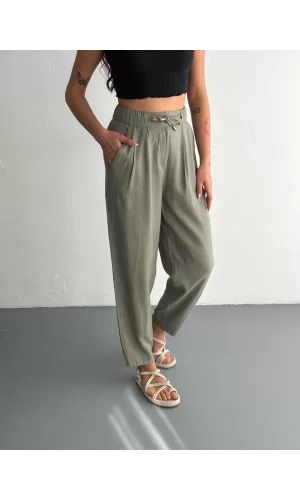 Luz&Pos Tencel Kadın Yüksel Bel Beli Bağcıklı Cepli Rahat Paça Pantalon - Su Yeşili