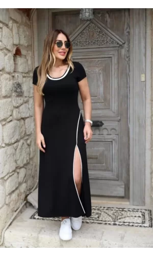 Kadın Yuvarlak Ribana Yaka Beyaz Yırtmaç Detaylı Viskon Tam Boy Elbise
