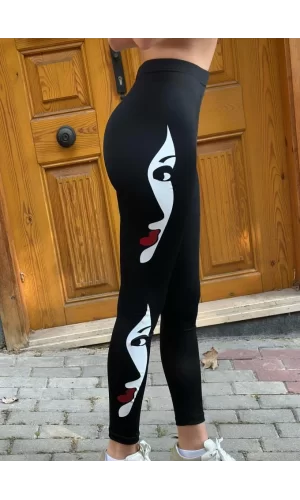 Kadın Yüz Baskılı Dalgıç Kumaş Tayt