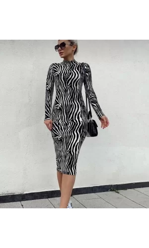 Kadın Zebra Desen Süet Kumaş Fırsat ürün Midi Boy Elbise
