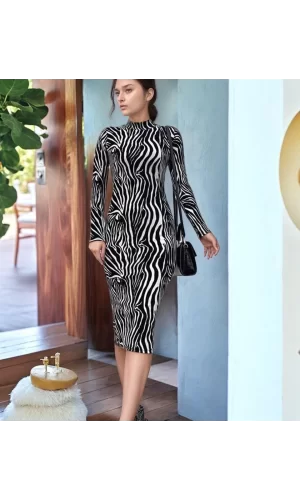 Kadın Zebra Desen Süet Kumaş Fırsat ürün Midi Boy Elbise