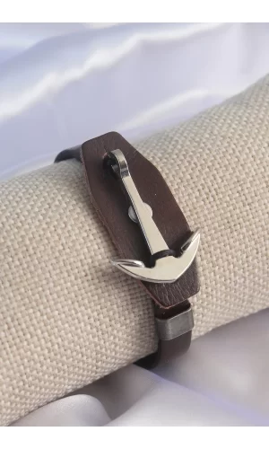 Kahverengi Deri Model Gümüş Renk Çapa Figür Erkek Bileklik