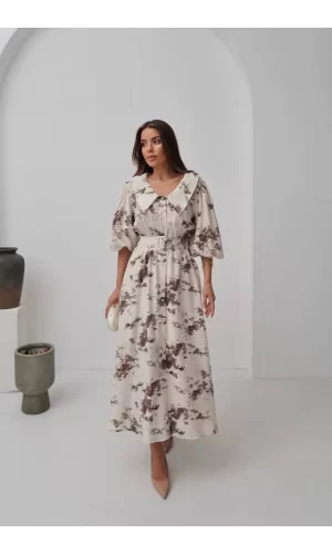 Kahverengi Desenli Kemerli Elbise