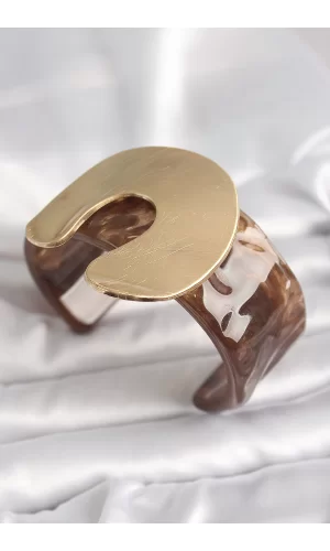 Kahverengi Mermer Desen Akrilik Plastik Gold Nal Model Plaka Vintage Kadın Bilezik