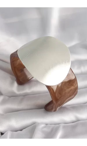 Kahverengi Mermer Desen Akrilik Plastik Gümüş Plaka Model Vintage Kadın Bilezik