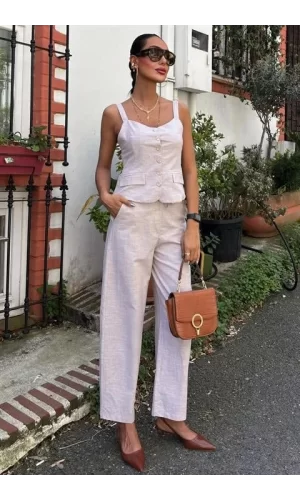Kalın Askılı Bluz Pantolon Keten Takım 10187