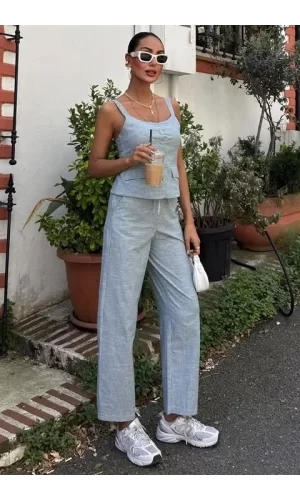 Kalın Askılı Bluz Pantolon Keten Takım 10187