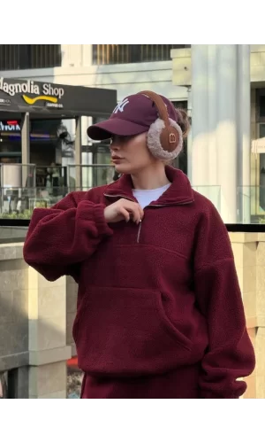 Kalın Polar Yakalı Fermuarlı Sweat Pantolonlu Takım - Bordo