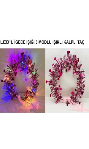 Kalp Püsküllü 3 Modlu LED Işıklı Taç Fuşya Renk