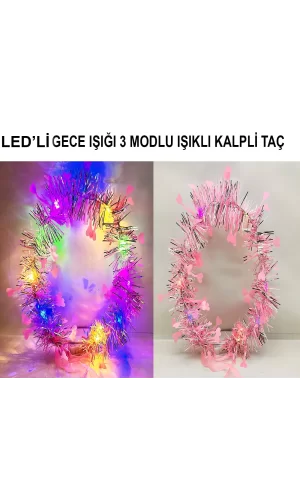 Kalp Püsküllü 3 Modlu LED Işıklı Taç Pembe Renk