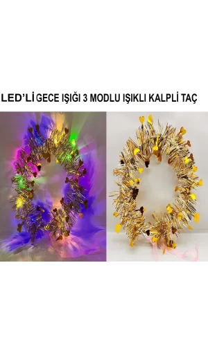 Kalp Püsküllü Gece Parıltısı 3 Modlu Led39li Işıklı Taç Altın Renk