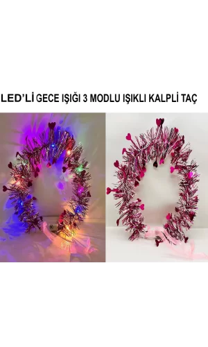 Kalp Püsküllü Gece Parıltısı 3 Modlu Led39li Işıklı Taç Fuşya Renk