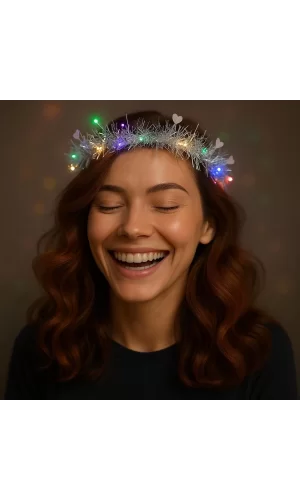 Kalp Püsküllü Gece Parıltısı 3 Modlu Led39li Işıklı Taç Gümüş Renk
