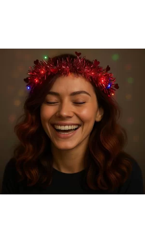 Kalp Püsküllü Gece Parıltısı 3 Modlu Led39li Işıklı Taç Kırmızı Renk