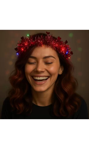 Kalp Püsküllü Gece Parıltısı 3 Modlu Led39li Işıklı Taç Kırmızı Renk