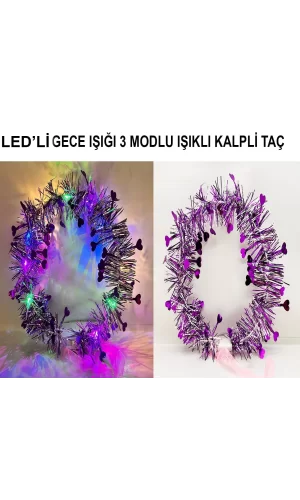 Kalp Püsküllü Gece Parıltısı 3 Modlu Led39li Işıklı Taç Mor Renk