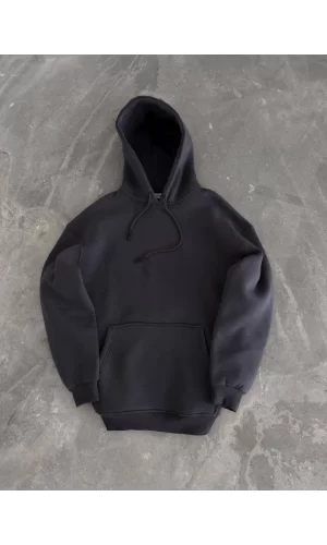 Kapşonlu Üç İplik Penye Basic SweatShirt - Füme