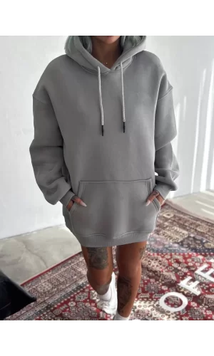 Luz&Pos Kapüşonlu Üç İplik Penye Basic Sweatshirt - Boyalı Gri