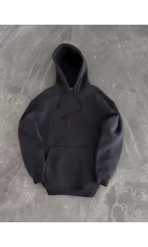 Luz&Pos Kapüşonlu Üç İplik Penye Basic Sweatshirt - Füme