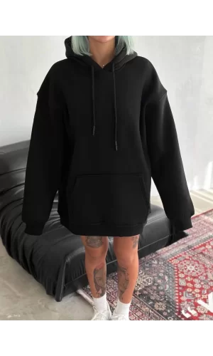 Luz&Pos Kapüşonlu Üç İplik Penye Basic Sweatshirt - Siyah