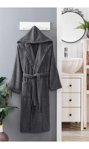 Kapüşonlu Unisex Banyo Bornozu &#37;100 Soft Pamuklu Antrasit