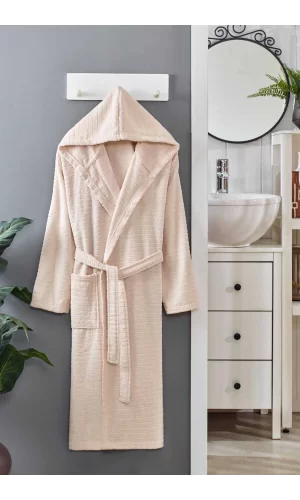 Kapüşonlu Unisex Banyo Bornozu &#37;100 Soft Pamuklu Krem