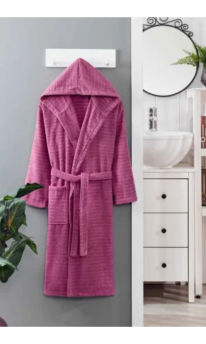 Kapüşonlu Unisex Banyo Bornozu &#37;100 Soft Pamuklu Mürdüm