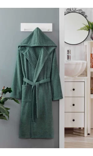 Kapüşonlu Unisex Banyo Bornozu &#37;100 Soft Pamuklu Yeşil
