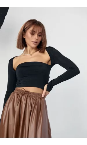 Kara Yaka Uzun Kollu Crop - Siyah