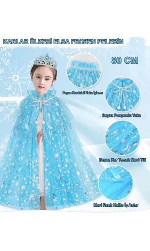 Karlar Ülkesi Elsa Frozen Mavi Pelerin – 80 Cm Kar Desenli Çocuk Pelerini ( Taç Hariç )