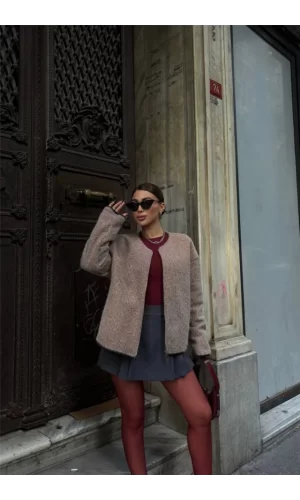KAŞE FERMUARLI BLUZ - Vizon