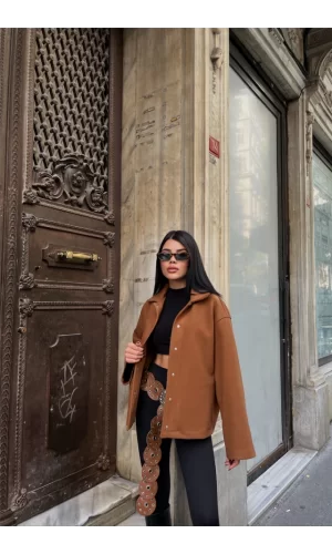 KAŞE GÖMLEK CEKET YANDAN CEP DETAYLI - Kahverengi