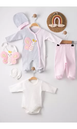 Kelebek Nakışlı Tulumlu % 100 Pamuk Kız Bebek 5li Set