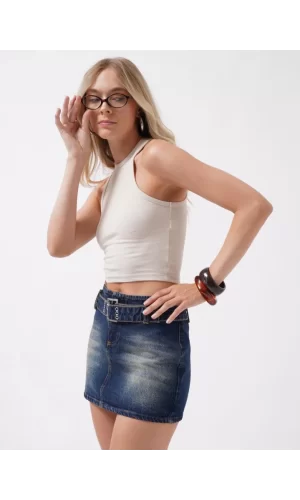 Kemer Detay Denim Mini Etek