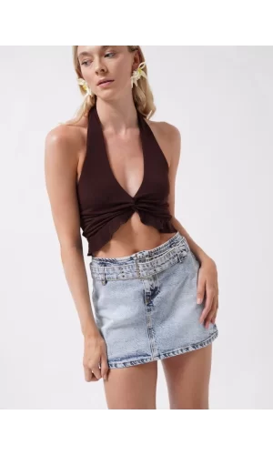 Kemer Detay Denim Mini Etek