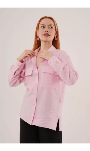 Kendinden Çizgili Cepli Ve Düğmeli Pembe  Gömlek