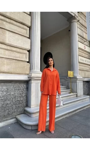 KENDİNDEN DESENLİ KRINKILL GÖMLEK - PANTOLON TK - Orange