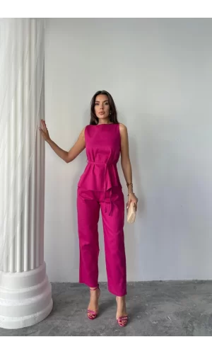 KETEN BLUZ - PANTOLON TAKIM MASSİMO MODEL  SCREAT KUMAŞ - Fuşya