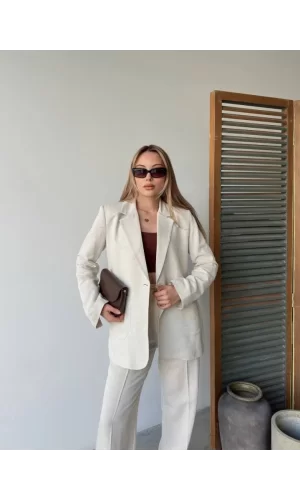 Keten Ceket Pantolon Ikili Takım - Beyaz