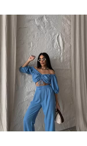 KETEN CROP BLUZ BÜZGÜ YAKA + PANTOLON TAKIM - Mavi
